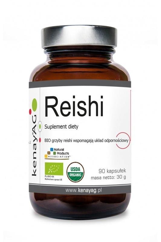 Kenay Reishi dietary supplement in a brown bottle, promoting immune support and organic ingredients.