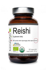 Kenay Reishi dietary supplement in a brown bottle, promoting immune support and organic ingredients.
