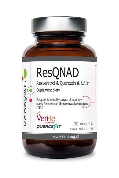 Kenay ResQnad supplement bottle featuring Resveratrol, Quercetin, and NAD+ in 60 capsules.