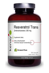 Kenay Resveratrol Trans supplement bottle, 100 mg, 300 capsules - natural antioxidant for heart health.