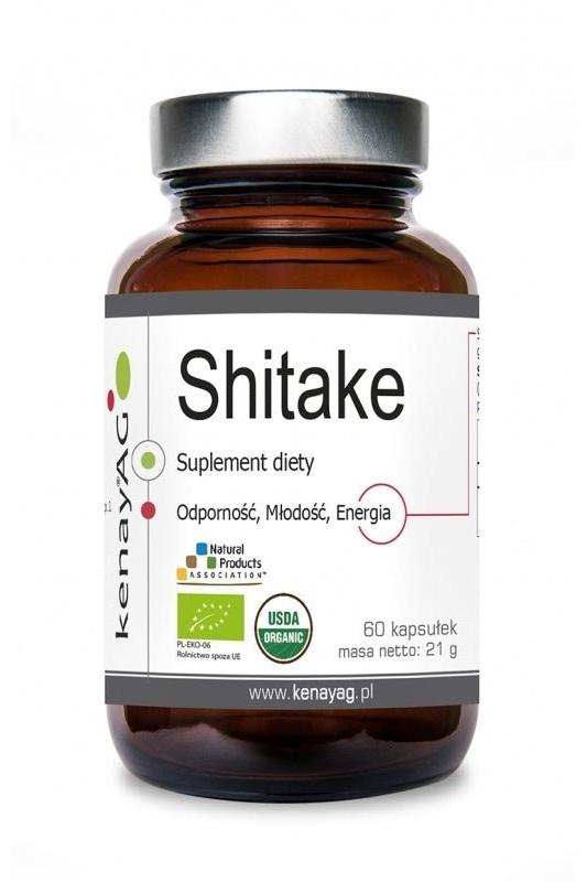 Kenay Shiitake supplement bottle featuring 60 capsules, natural source of vitamin D, supports immunity and digestion.