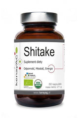 Kenay Shiitake supplement bottle featuring 60 capsules, natural source of vitamin D, supports immunity and digestion.