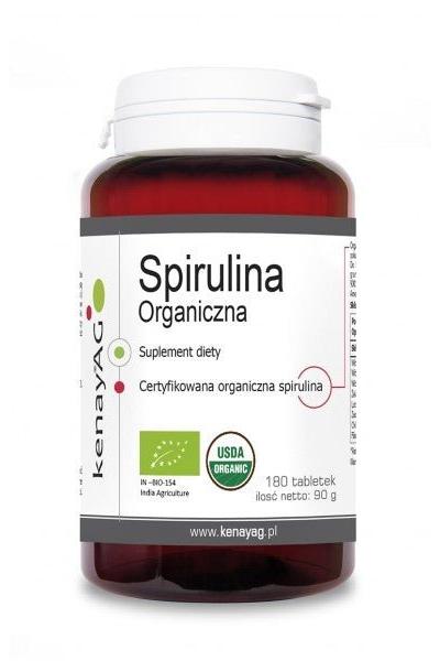 Kenay Organic Spirulina supplement in a bottle, certified organic, 180 tablets for dietary support.