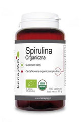 Kenay Organic Spirulina supplement in a bottle, certified organic, 180 tablets for dietary support.