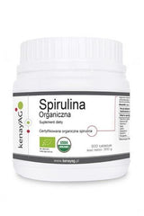 Kenay Organic Spirulina supplement jar, 600 tablets, certified organic, rich in nutrients, gluten-free and non-GMO.