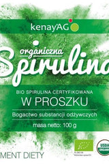 Kenay Organic Spirulina powder packaging, certified organic superfood rich in nutrients, 100g.