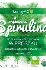 Kenay organic spirulina powder packaging, featuring text and certification logos, highlighting nutrient richness.