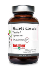 Kenay Testofen Fenugreek Extract bottle with 60 capsules for testosterone support and overall health.