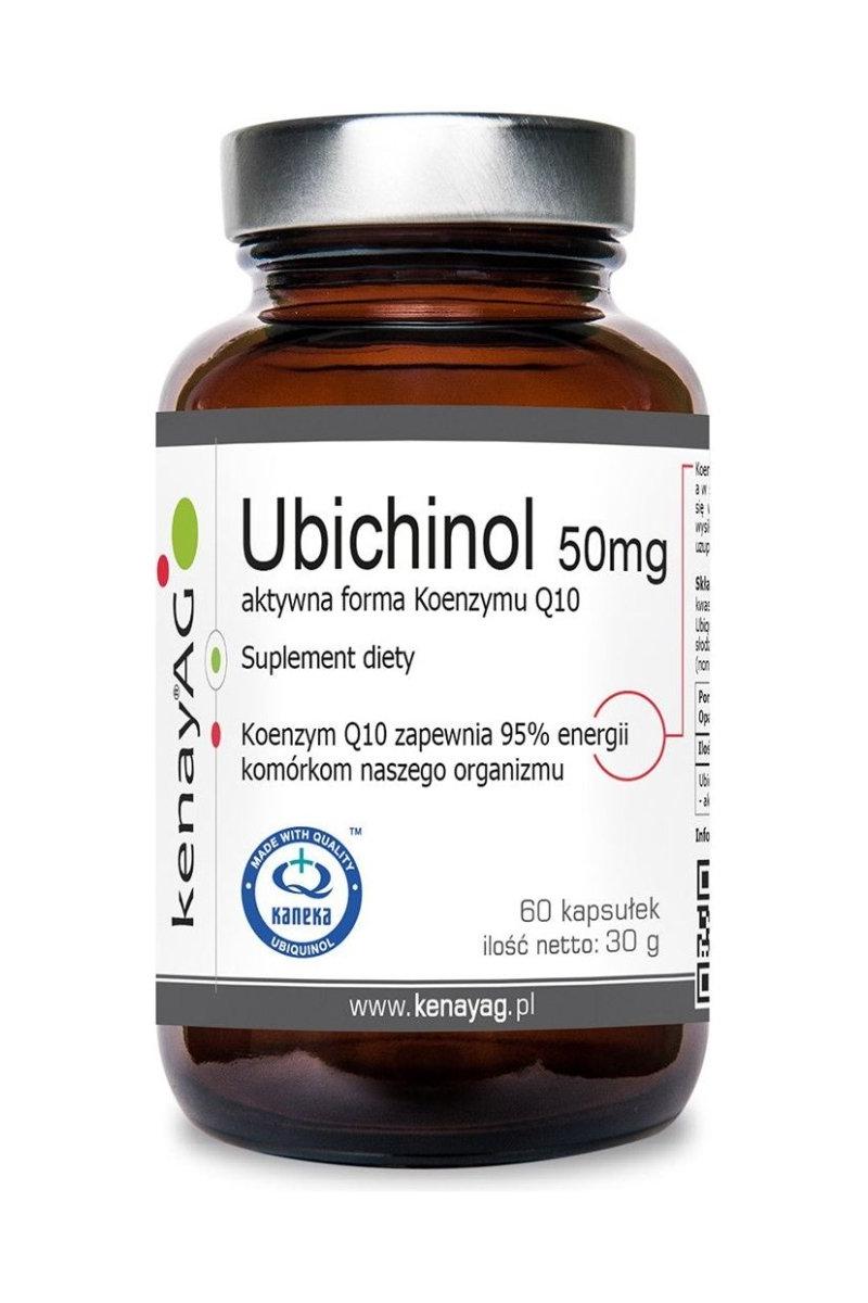 Kenay Ubichinol 50mg supplement bottle for heart health and energy production, 60 capsules, dietary support.