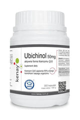 Kenay Ubiquinol 50mg dietary supplement, Coenzyme Q10 in a 300-capsule bottle, promotes energy and heart health.