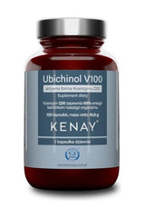 Kenay Ubiquinol V100 Coenzyme Q10 supplement bottle, 100 mg, 120 capsules for energy and heart health.