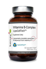 Kenay Vitamin B-Complex Liposomal Lipocelltech supplement bottle with 60 capsules for energy and immunity support.