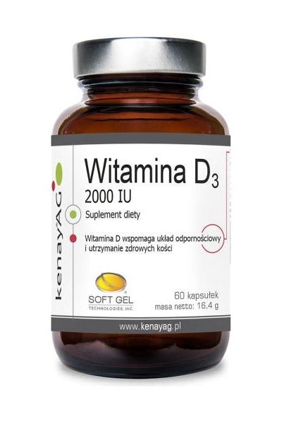Kenay vitamin D3 supplement 2000 IU, 60 soft gel capsules for immune support and bone health.