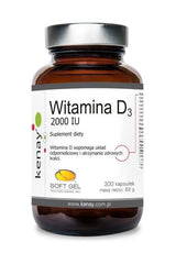 Kenay Vitamin D3 supplement bottle with 300 soft gel capsules, supports immune system and bone health.