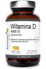 Kenay Vitamin D supplement bottle with 4000 IU, containing 300 softgel capsules for healthy bones and immune support.