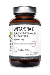 Kenay TocoGaia Ultra Vitamin E supplement in glass bottle, 30 capsules, non-GMO, protects against oxidative stress.