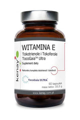 Kenay TocoGaia Ultra Vitamin E supplement bottle with tocotrienols and tocopherols, 60 capsules.