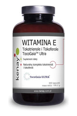 Kenay TocoGaia Ultra Vitamin E supplement in an organic glass bottle, 300 capsules for cellular protection.