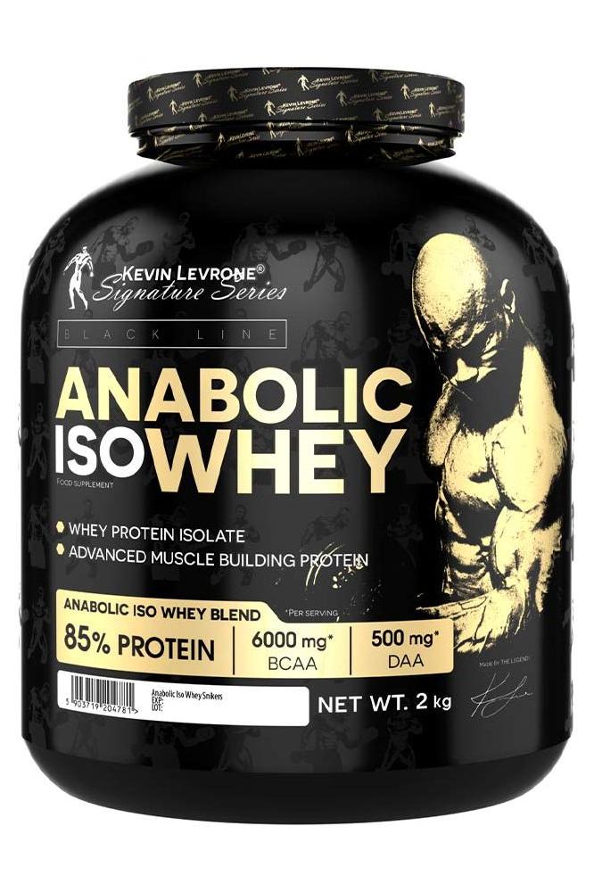 Kevin Levrone Anabolic Iso Whey protein supplement in a black container, featuring 85% protein and BCAA.