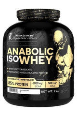 Kevin Levrone Anabolic Iso Whey protein supplement in a black container, featuring 85% protein and BCAA.