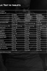 Nutritional information table for Kevin Levrone Anabolic Test 90 tablets, highlighting key ingredients and dosages.
