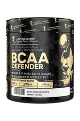 Kevin Levrone BCAA Defender powder container, 250 g, featuring 8:1:1 BCAA ratio and electrolyte blend.
