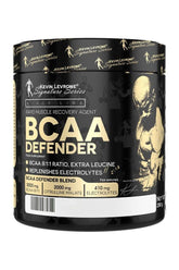 Kevin Levrone BCAA Defender supplement canister showcasing essential amino acids and electrolytes for muscle recovery.