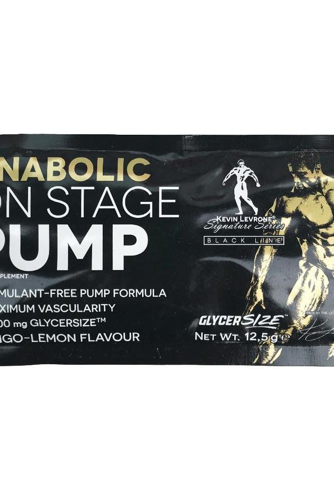 Kevin Levrone Black Line Anabolic On Stage Pump sample packet, mango-lemon flavor, 12.5 g, supplement for maximum vascularity.