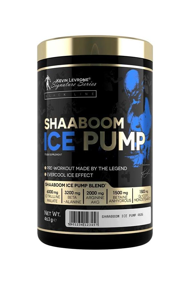 Kevin Levrone Shaaboom Ice Pump pre-workout supplement container, 463g, enhances energy and focus, boosts muscle performance.