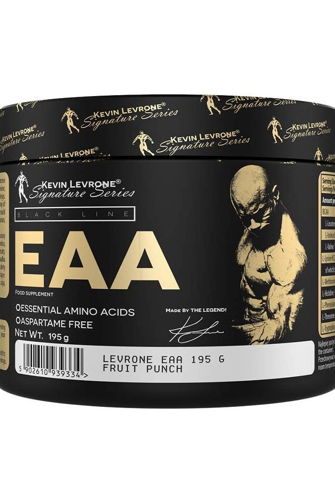 Kevin Levrone EAA supplement container, 195g, fruit punch flavor, essential amino acids, aspartame free.