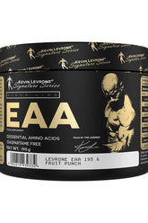 Kevin Levrone EAA supplement container, 195g, fruit punch flavor, essential amino acids, aspartame free.
