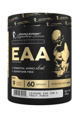 Kevin Levrone EAA supplement tub featuring 9 essential amino acids, 60 servings, aspartame-free, fruit punch flavor.