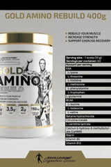 Gold Amino Rebuild 400g supplement container with nutritional information and benefits for muscle recovery.