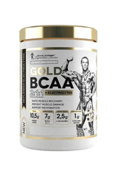 Kevin Levrone Gold BCAA 2:1:1 sports supplement for muscle recovery and hydration, featuring electrolytes and BCAA.