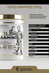 Kevin Levrone Gold EAAmino 390g container with benefits for strength, muscle recovery, and hydration.