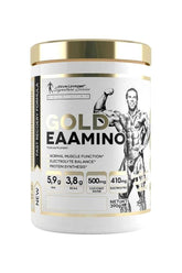 Kevin Levrone Gold EAAmino supplement jar with details on BCAA, amino acids, and electrolytes for muscle recovery.