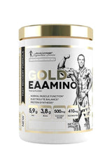 Kevin Levrone Gold EAAmino supplement jar with details on BCAA, amino acids, and electrolytes for muscle recovery.