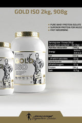 Gold ISO protein powder by Kevin Levrone, 2kg, high-quality whey protein isolate, nutritional information included.