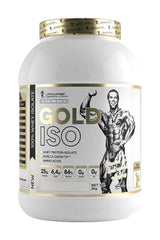 Kevin Levrone Gold ISO protein powder container, 25g protein per serving, 2kg whey protein isolate.