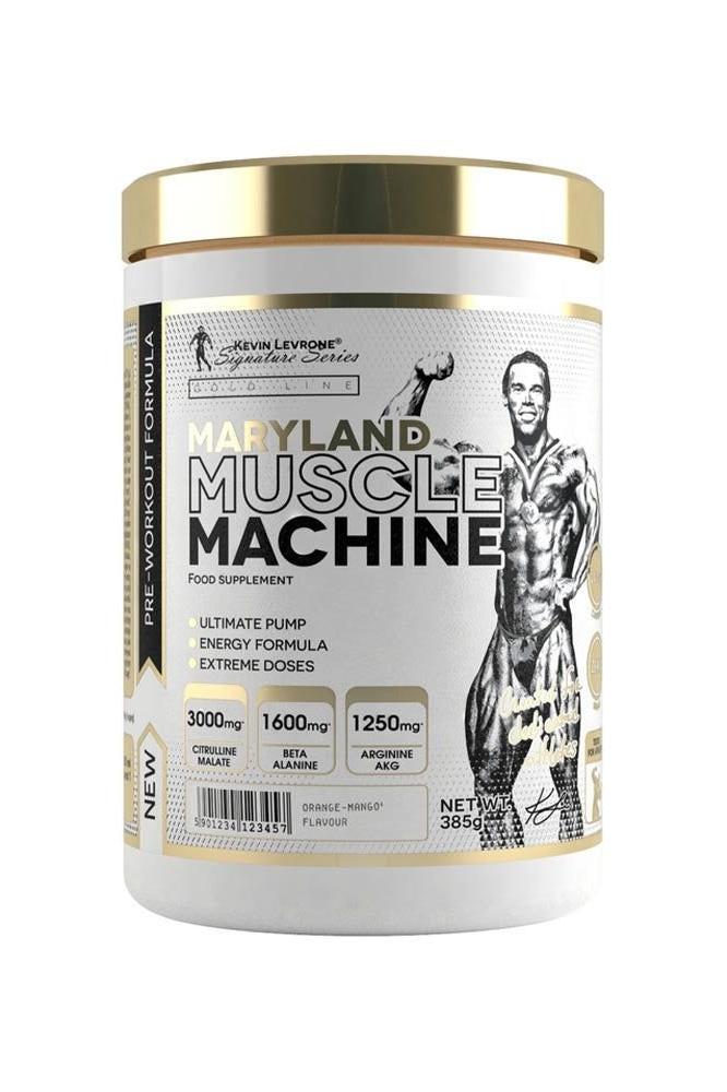 Kevin Levrone Maryland Muscle Machine Citrus Peach pre-workout supplement in 385g container for energy and pump.