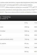 Nutritional information and ingredient breakdown for Kevin Levrone Gold Line Citrus Peach supplement, 385g.