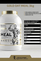 Kevin Levrone Gold OatMeal 3kg packaging image showcasing nutrition facts and health benefits including protein and MCT oil.