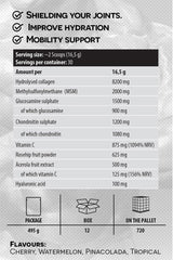 Nutrition label for Kevin Levrone Joint Support Collagen Peptides detailing serving size, ingredients, and health benefits.