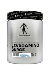 Kevin Levrone Levro Amino Surge supplement tub, 500g, featuring blackcurrant-pineapple flavor and muscle recovery benefits.