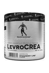 Kevin Levrone Levro Crea creatine supplement in strawberry-lime flavor, 240g container.