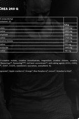 Ingredient list and nutritional information for Kevin Levrone Levro Crea creatine supplement.