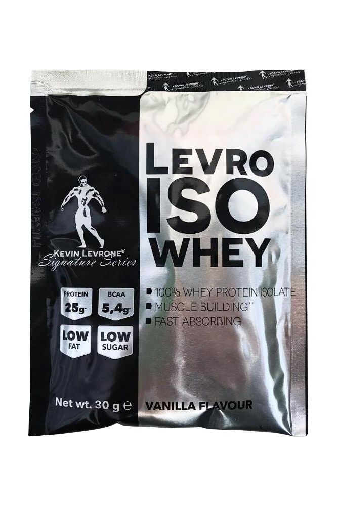 Levro ISO Whey protein sample sachet, vanilla flavor, with benefits for muscle gain and low fat.
