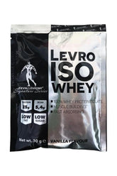Levro ISO Whey protein sample sachet, vanilla flavor, with benefits for muscle gain and low fat.