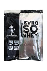 Levro ISO Whey protein powder sample by Kevin Levrone, vanilla flavor, 25g protein, low fat, fast absorbing.