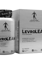 Kevin Levrone Levro Lean fat incinerator supplement packaging and bottle, containing 90 tablets with raspberry ketones and guarana.